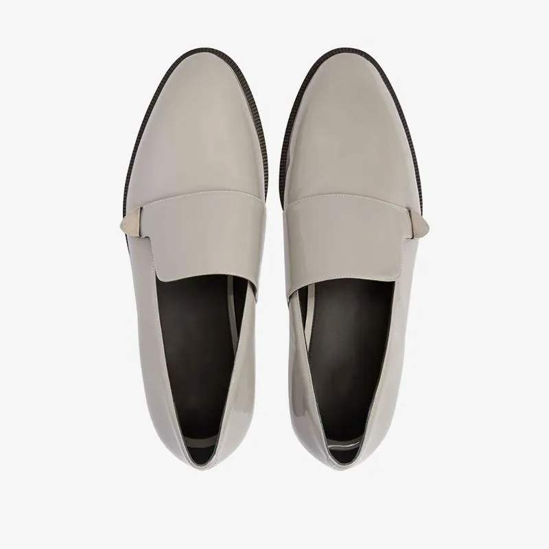 Ash Grey Patent Leather Loafers with Silver-Tone Plaque