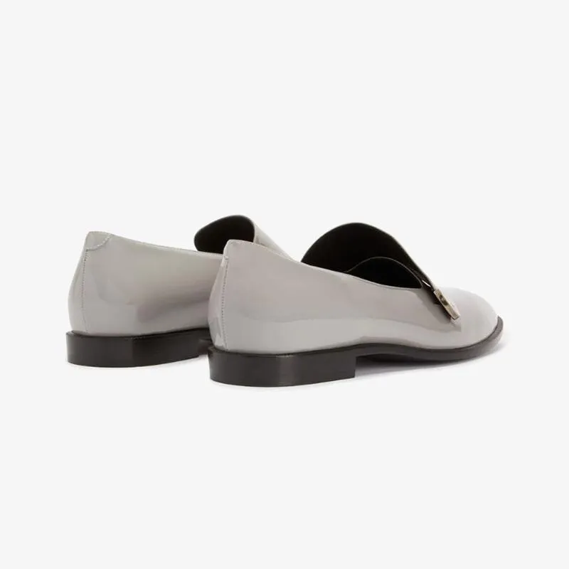 Ash Grey Patent Leather Loafers with Silver-Tone Plaque