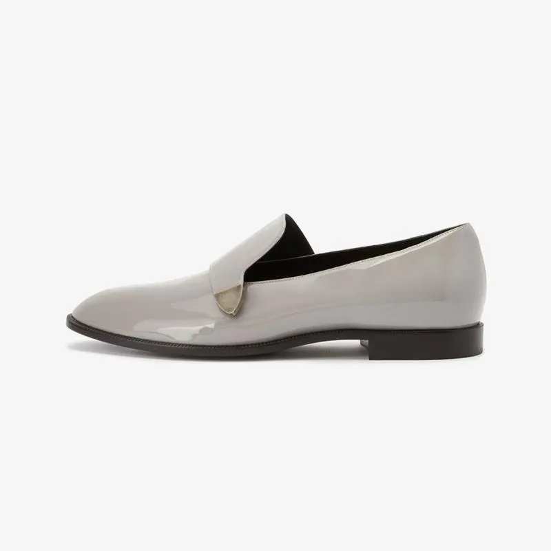 Ash Grey Patent Leather Loafers with Silver-Tone Plaque