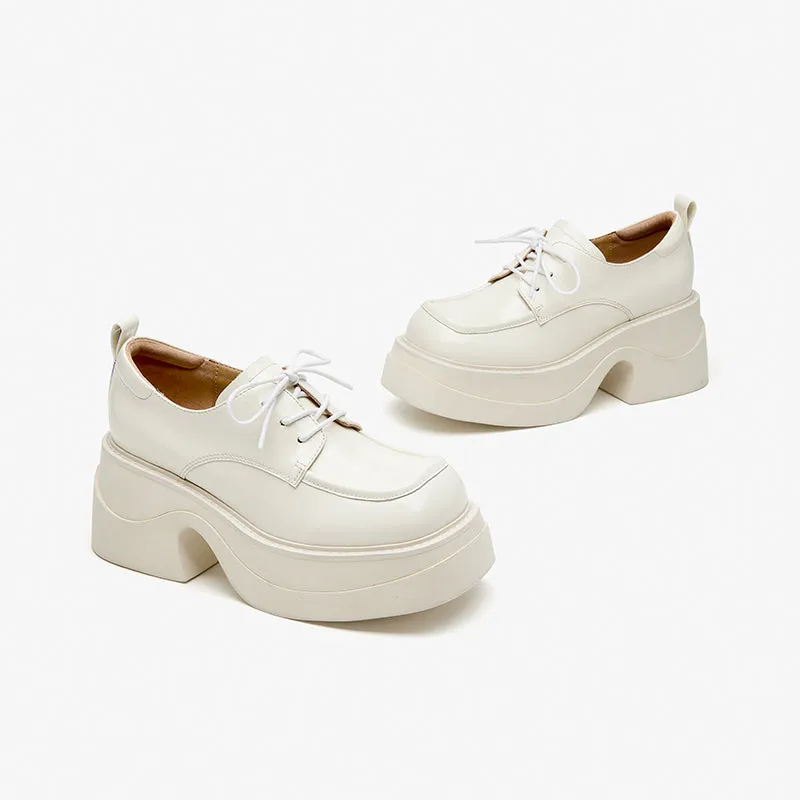 BeauToday Leather Lace-up Platform Oxford Shoes with Square Toe for Women