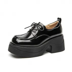 BeauToday Leather Lace-up Platform Oxford Shoes with Square Toe for Women