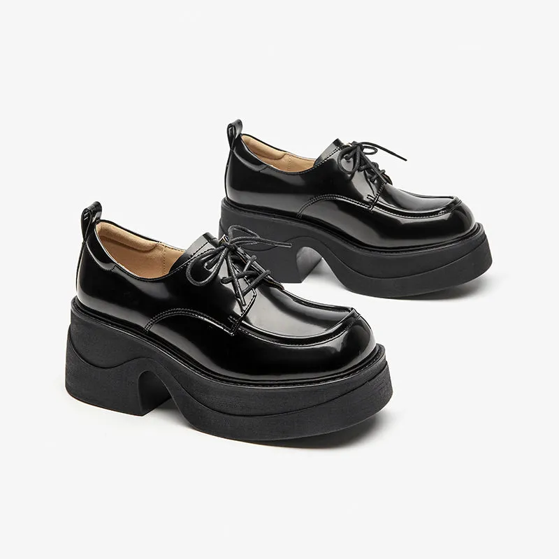 BeauToday Leather Lace-up Platform Oxford Shoes with Square Toe for Women