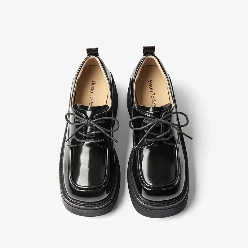 BeauToday Leather Lace-up Platform Oxford Shoes with Square Toe for Women
