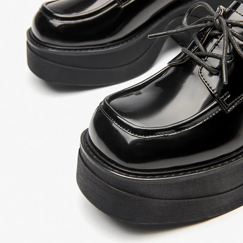 BeauToday Leather Lace-up Platform Oxford Shoes with Square Toe for Women