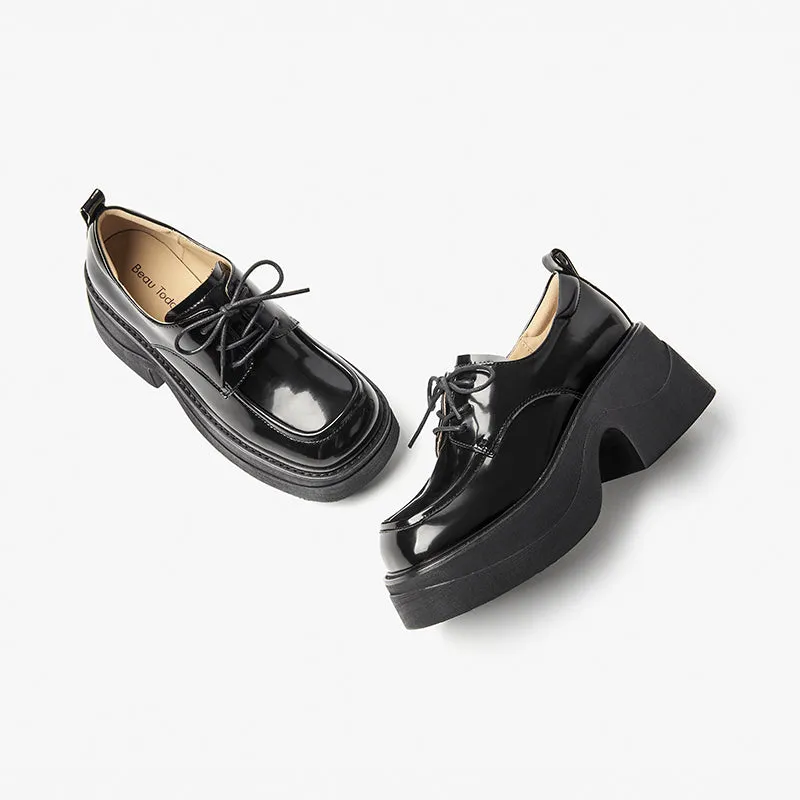 BeauToday Leather Lace-up Platform Oxford Shoes with Square Toe for Women