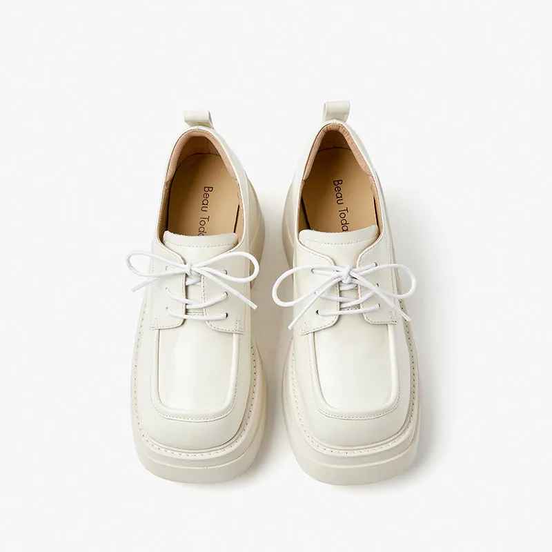 BeauToday Leather Lace-up Platform Oxford Shoes with Square Toe for Women