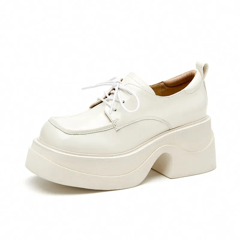 BeauToday Leather Lace-up Platform Oxford Shoes with Square Toe for Women