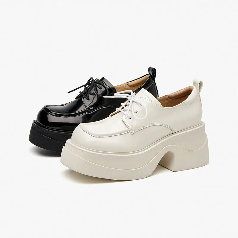 BeauToday Leather Lace-up Platform Oxford Shoes with Square Toe for Women
