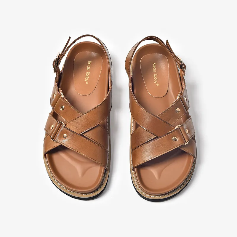 BeauToday Leisure and Soft Cross-tied Sandals with Metal Strap for Women