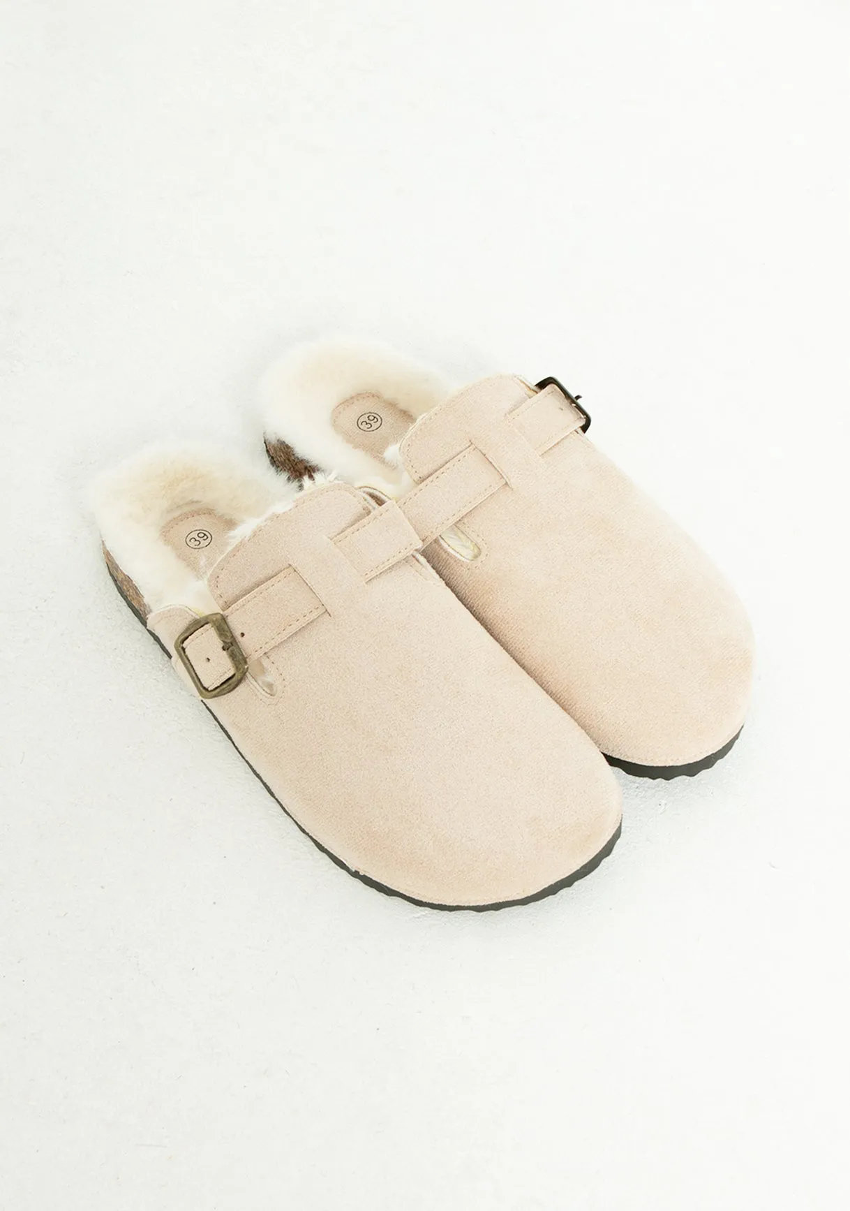 Becky Beige Faux Fur Lined Buckle Sliders