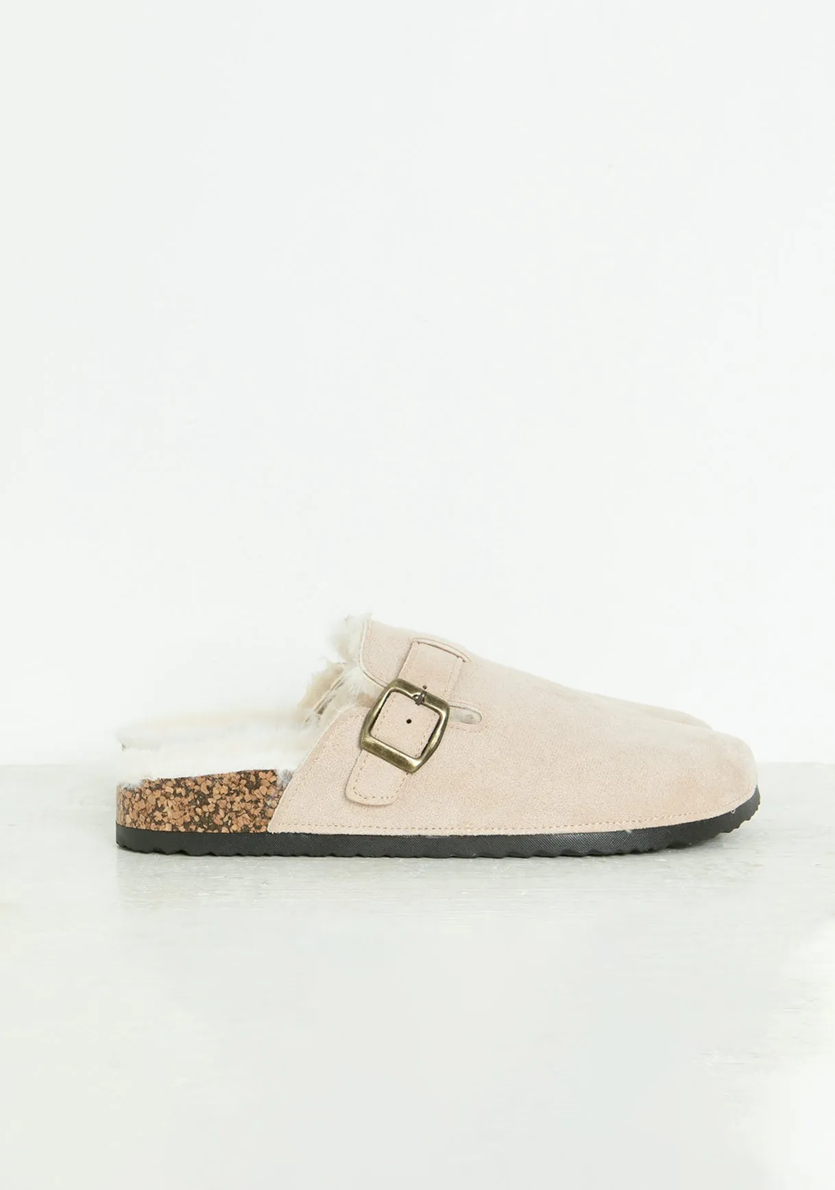 Becky Beige Faux Fur Lined Buckle Sliders