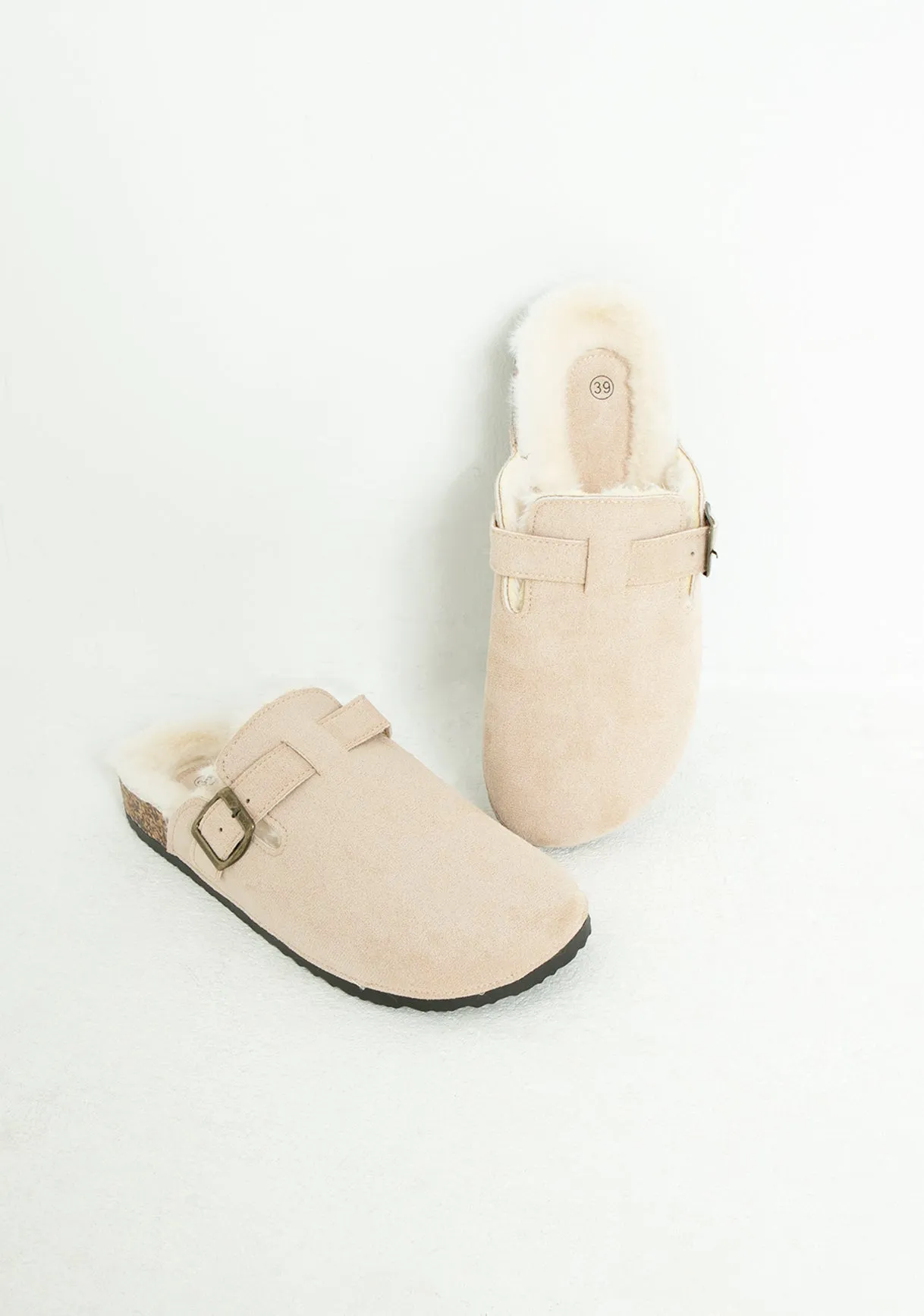 Becky Beige Faux Fur Lined Buckle Sliders