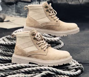 BOOPDO MESS DESIGN SUEDE LACE UP BOOTS IN BEIGE