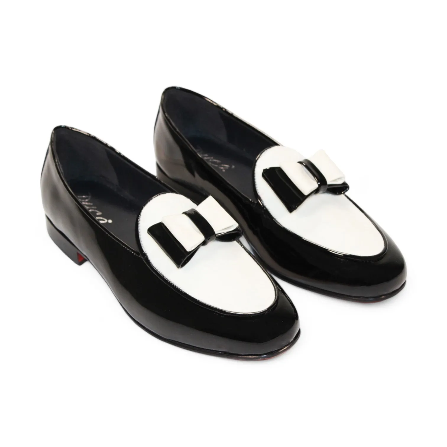 Duca Amalfi Men's Shoes Black/White Patent Leather-Velvet, Leather Lining Formal Loafers (D1002)
