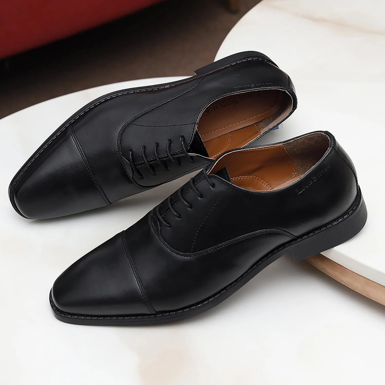 LOUIS STITCH Men's Jet Black Italian Leather Formal Derby Shoes Comfortable Handcrafted Formal Lace Ups for Men (RXCT) (Size- UK 7)