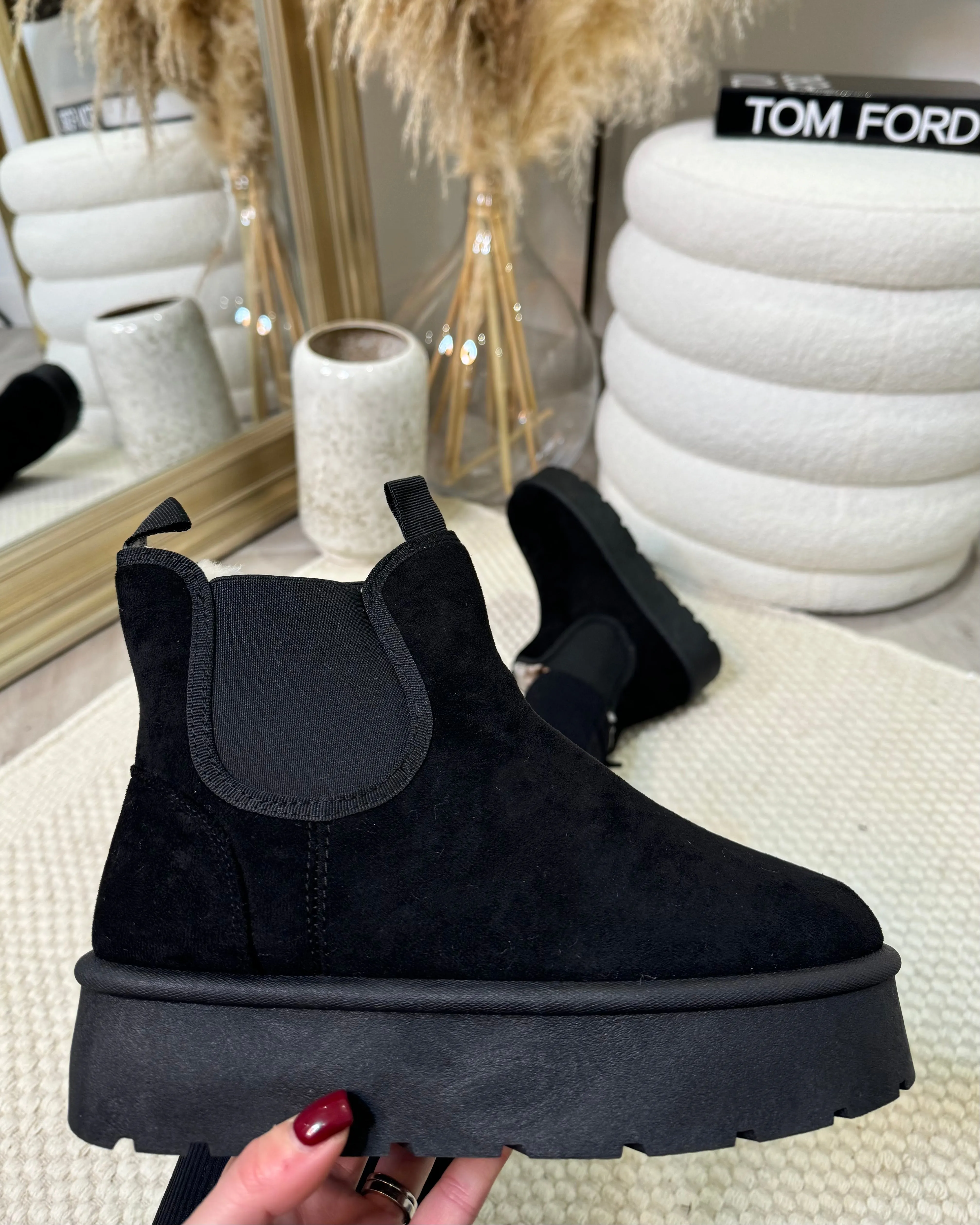Mindi Suede Faux Fur Lined Platform Ankle Boots - Black