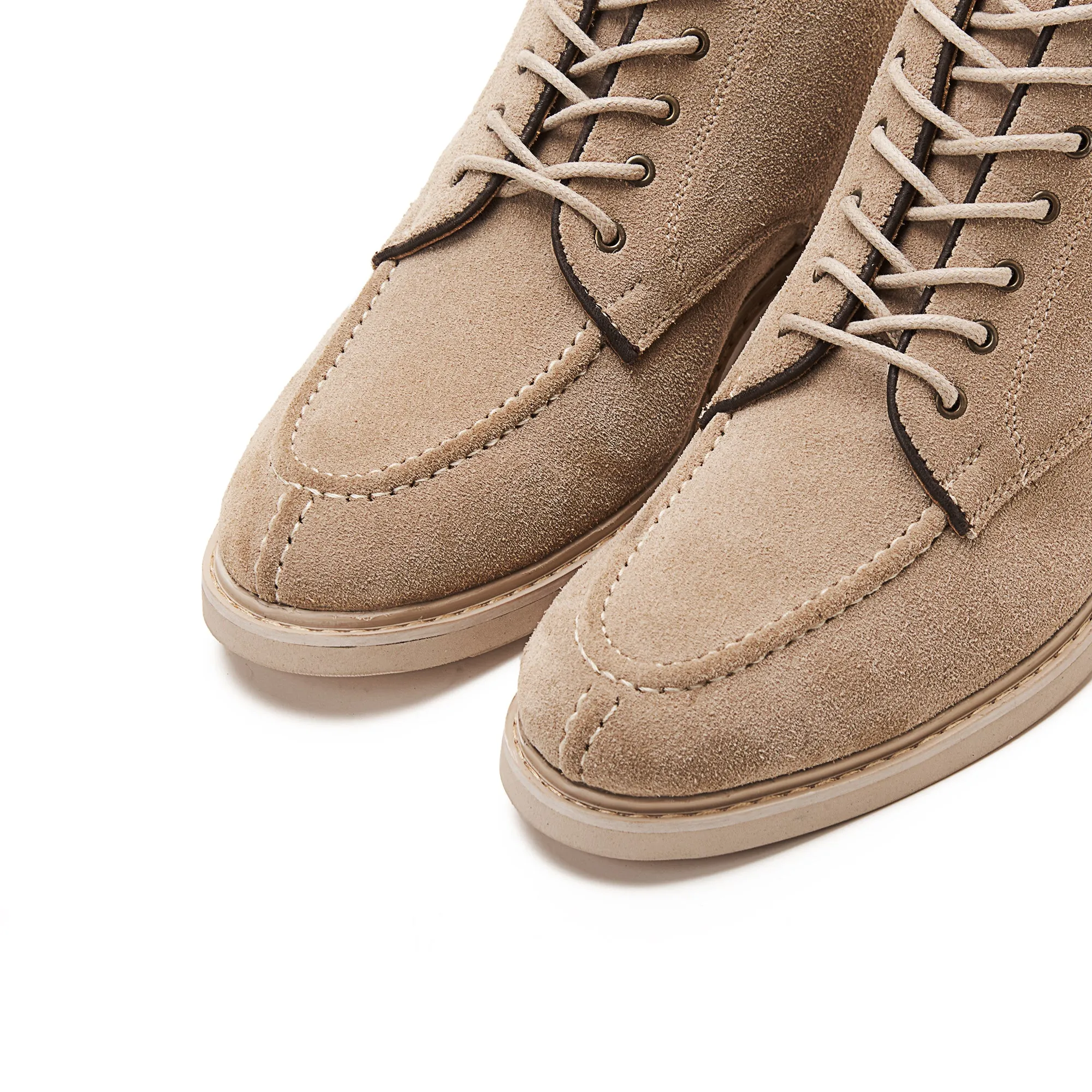 Moc Toe Suede Lace Up Genuine Leather Half Boots - Beige