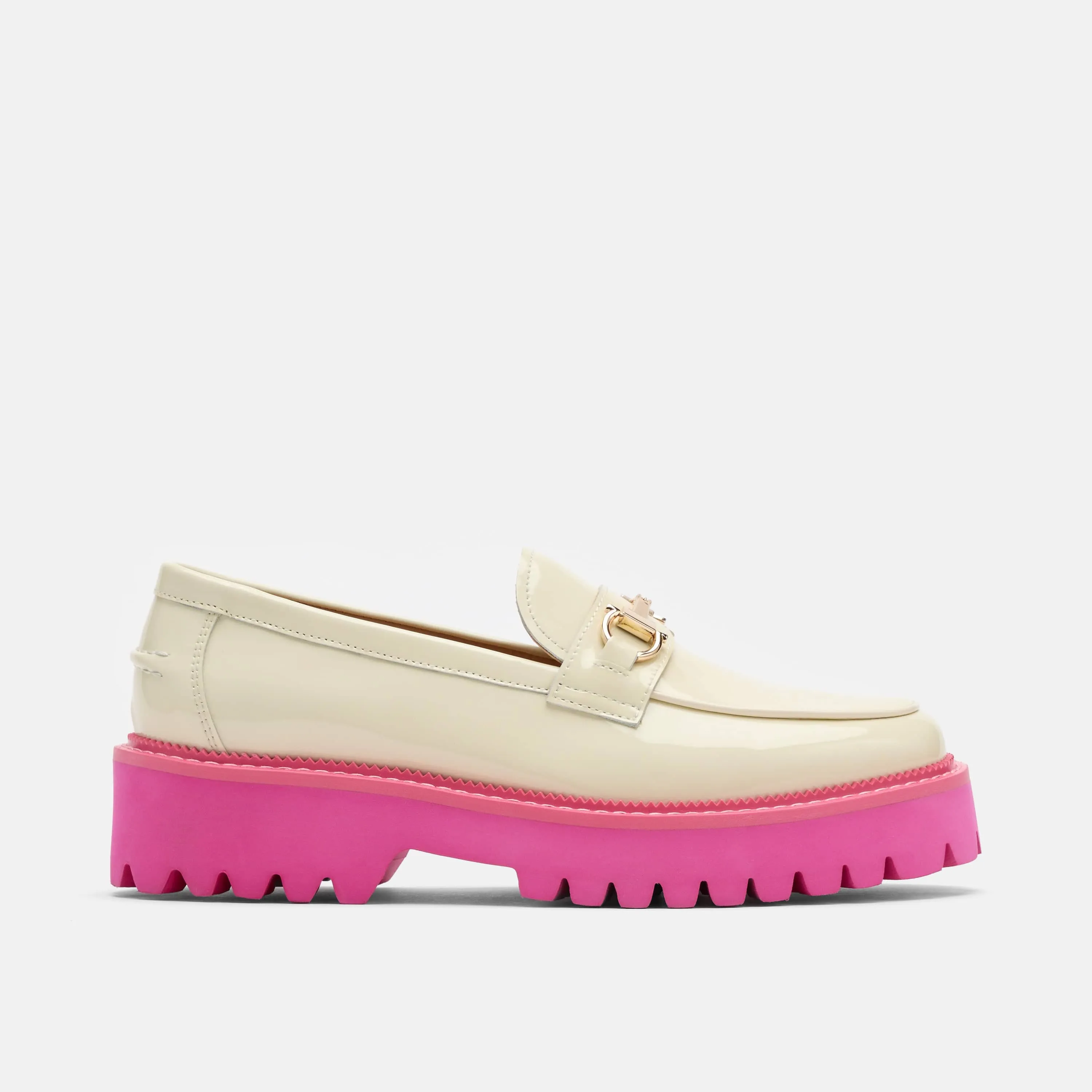 Ms. Boulevard Cream/Pink Patent Leather Bit Loafers