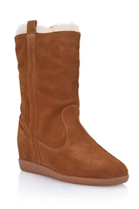 Schutz Women's Eloanah Chestnut Suede Rabbit Fur Lined Wedge Winter Boots