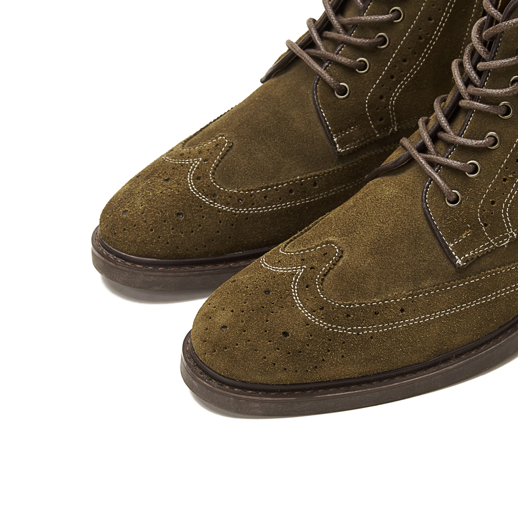 Suede Brogue Genuine Leather Half Boots - Olive