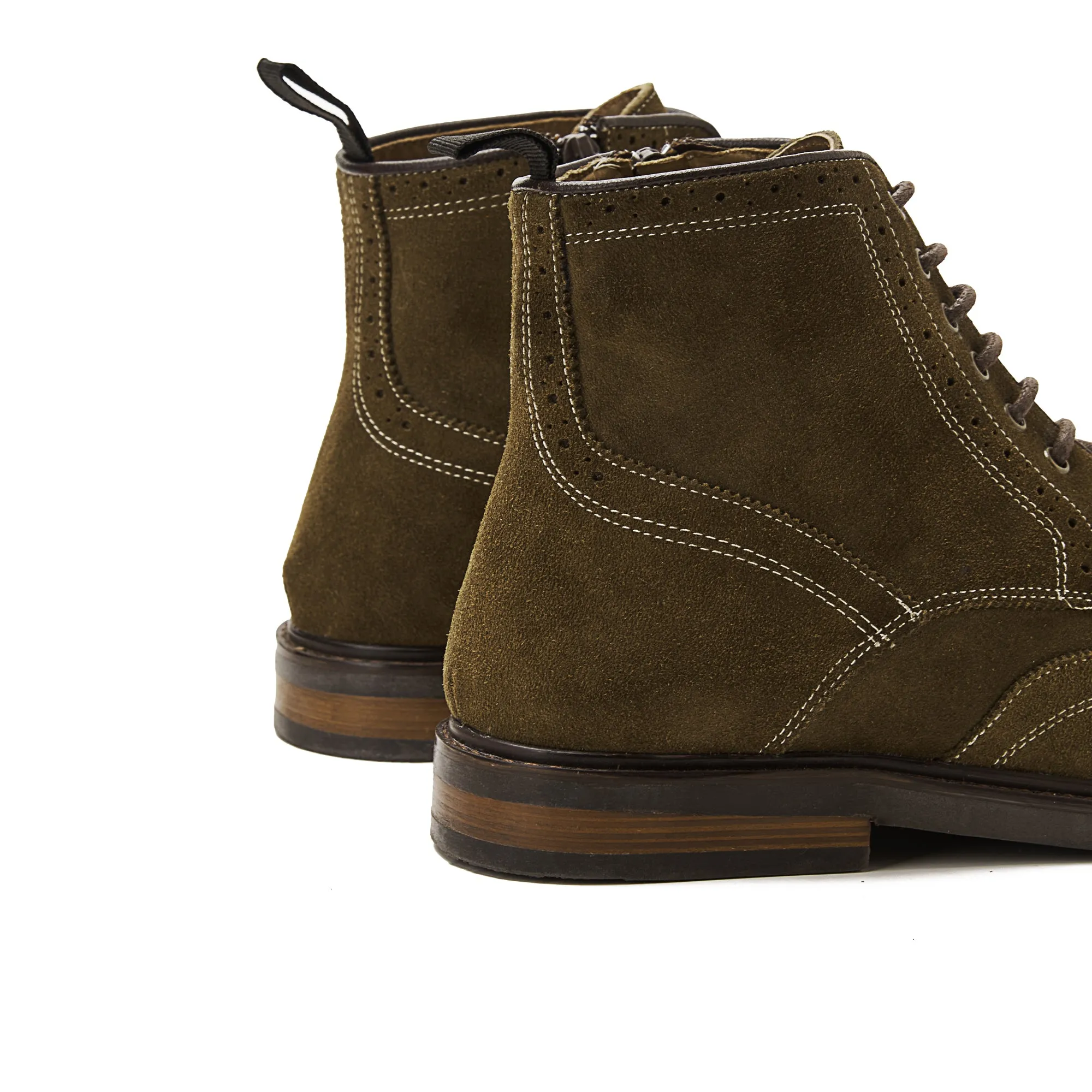 Suede Brogue Genuine Leather Half Boots - Olive