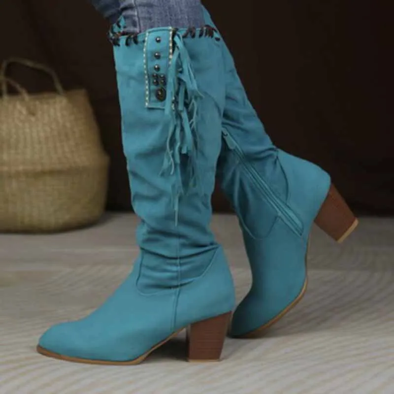 Women Knee High Suede Leather Cowgirl Boots Cowboy Summer Western Tassels Boots