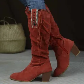 Women Knee High Suede Leather Cowgirl Boots Cowboy Summer Western Tassels Boots