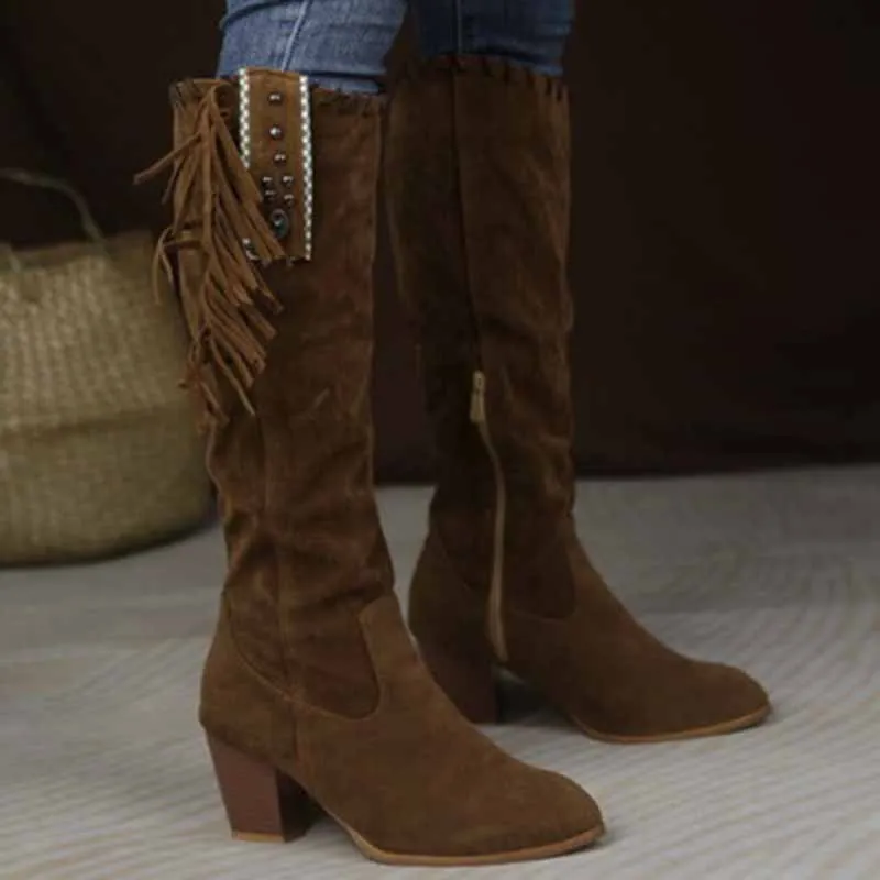 Women Knee High Suede Leather Cowgirl Boots Cowboy Summer Western Tassels Boots