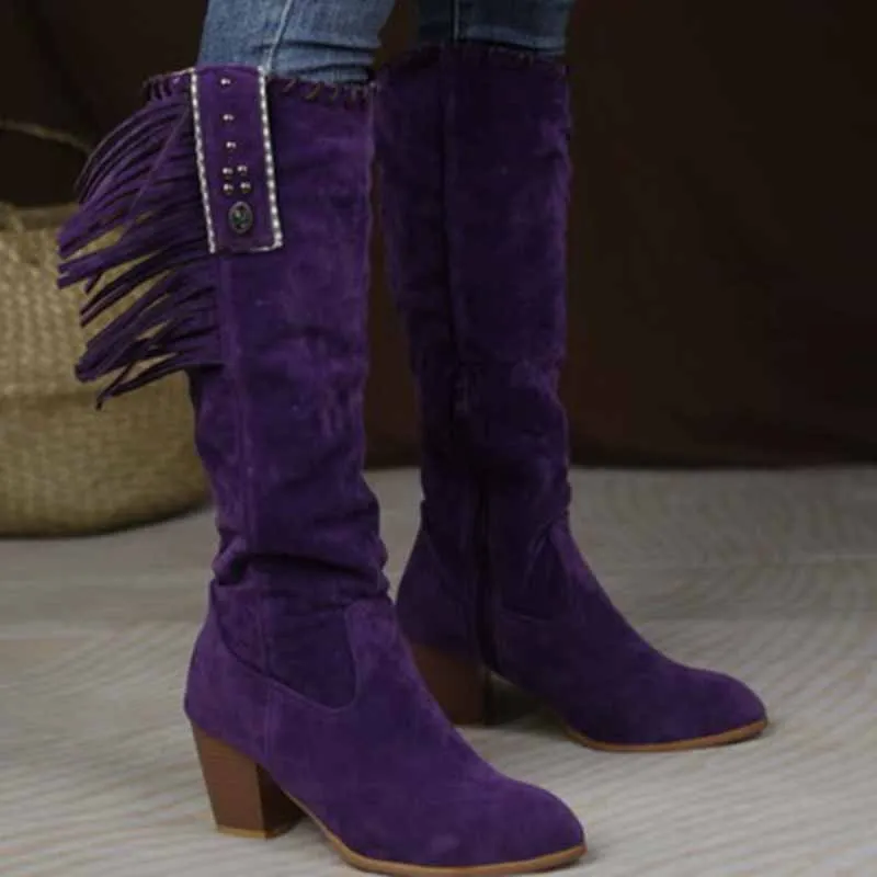 Women Knee High Suede Leather Cowgirl Boots Cowboy Summer Western Tassels Boots