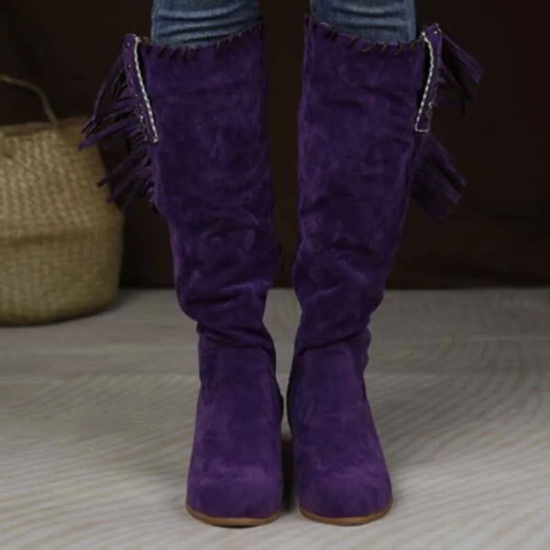 Women Knee High Suede Leather Cowgirl Boots Cowboy Summer Western Tassels Boots
