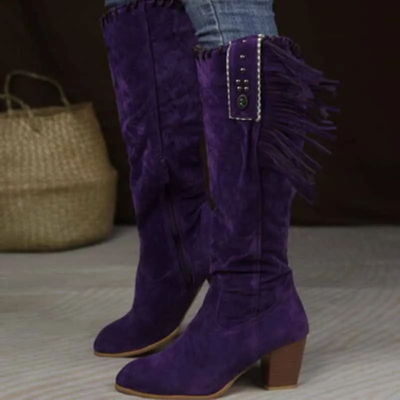 Women Knee High Suede Leather Cowgirl Boots Cowboy Summer Western Tassels Boots