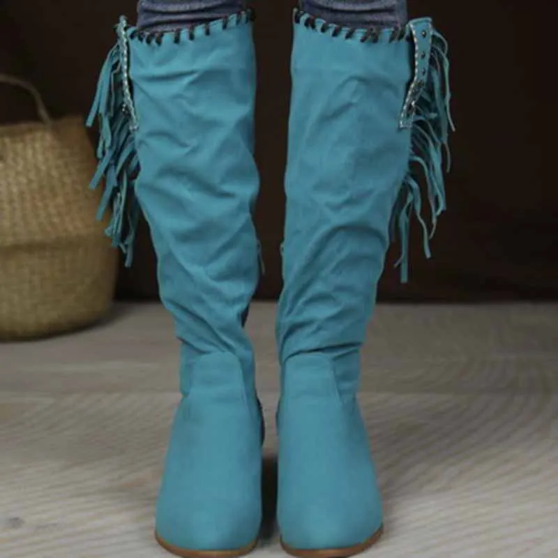 Women Knee High Suede Leather Cowgirl Boots Cowboy Summer Western Tassels Boots