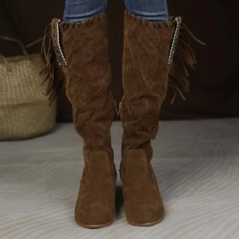 Women Knee High Suede Leather Cowgirl Boots Cowboy Summer Western Tassels Boots